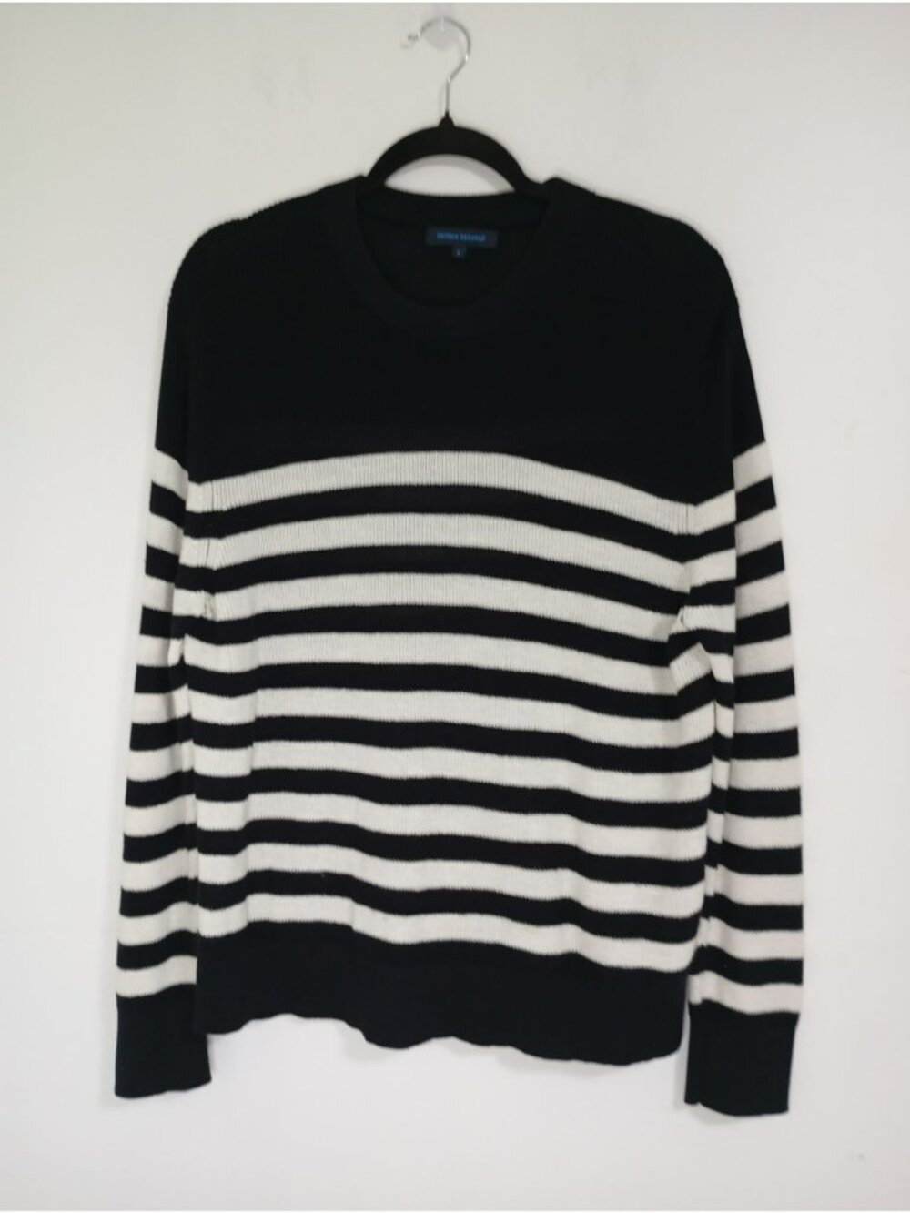 Patrick Assaraf Black & White Striped Knit Crewneck Sweater Size Small Women